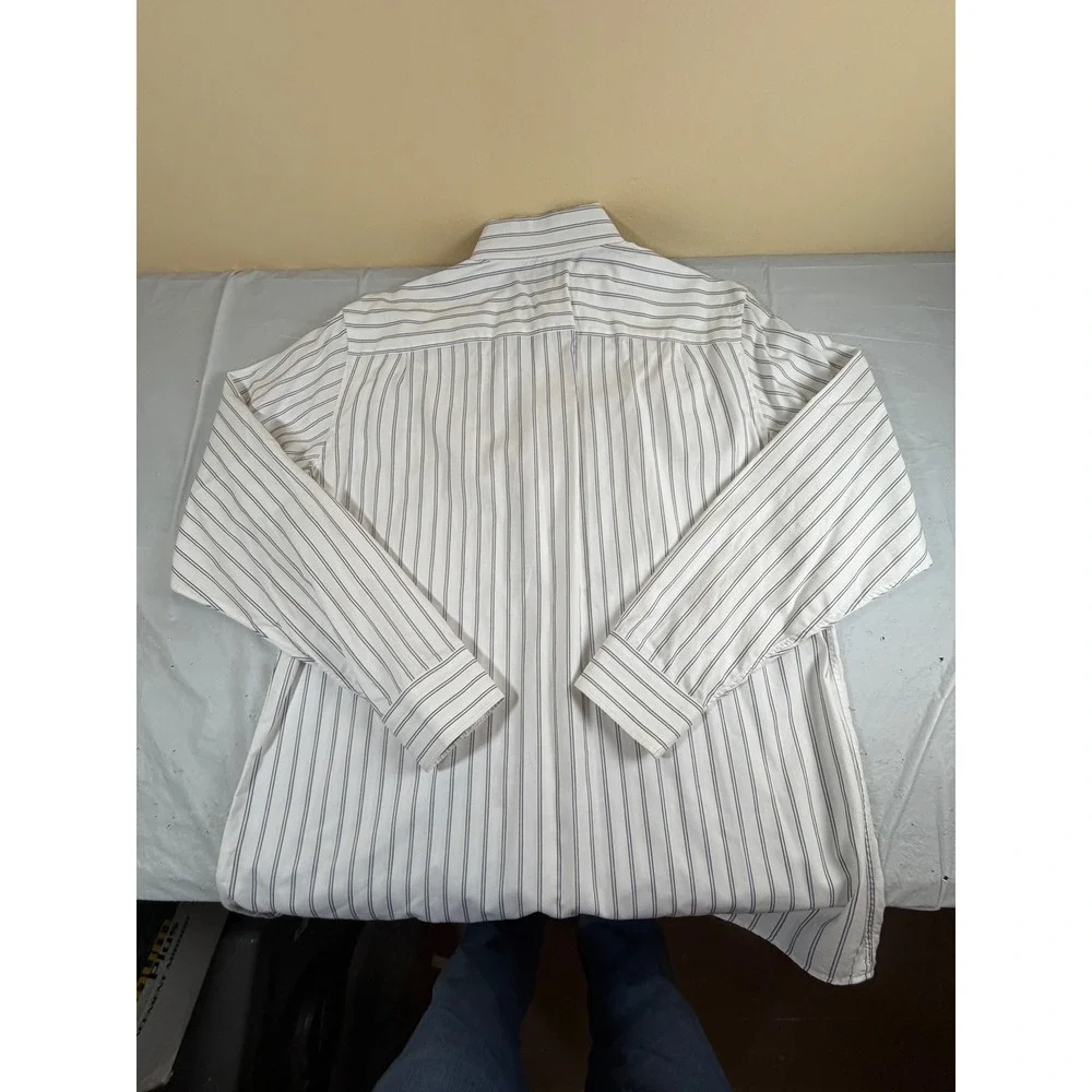 Banana Republic Mens Fitted Striped Dress Shirt White Blue Brown 100% Cotton L